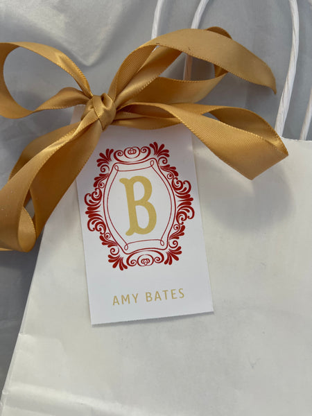 Poppy Red and gold Initial gift tags with frame