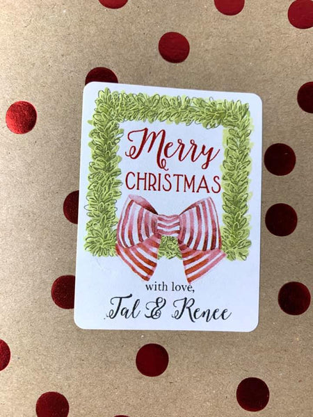 Christmas gift Stickers with Square Boxwood Wreath and Red Bow