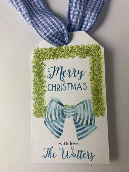 Christmas gift tags with Square Boxwood Wreath - blue