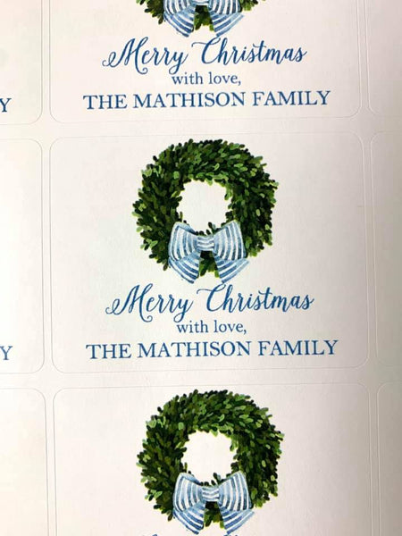 Christmas gift Stickers with Wreath and Blue Bow