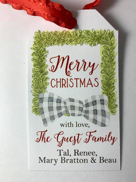 Christmas gift tags with Square Boxwood Wreath - Black Plaid