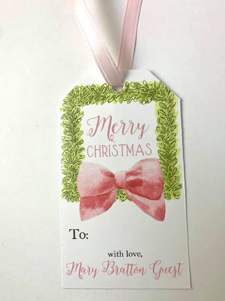 Christmas gift tags with Square Boxwood Wreath - PINK