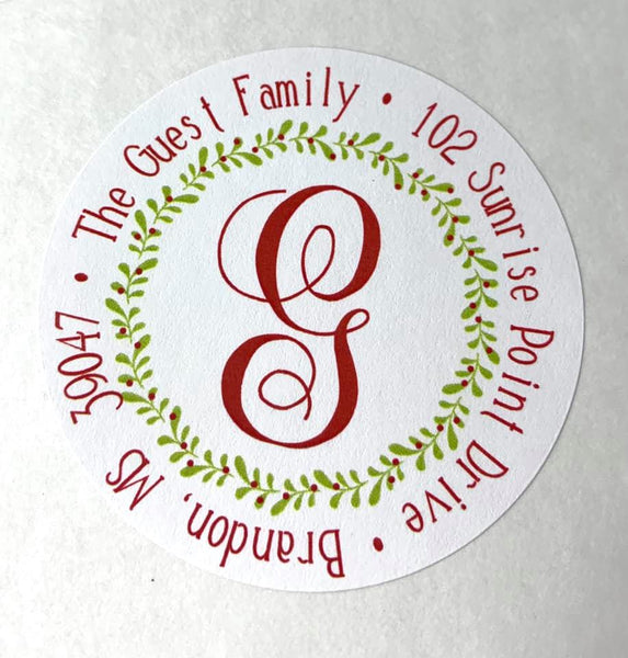 Round Christmas gift Stickers with Wreath and Initial
