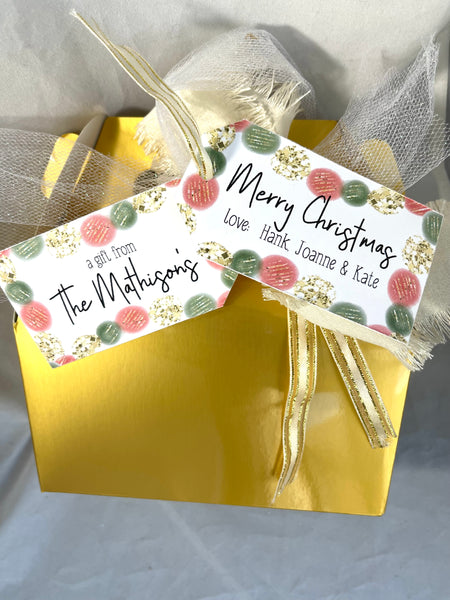 Christmas gift tags with blush, green and gold garland