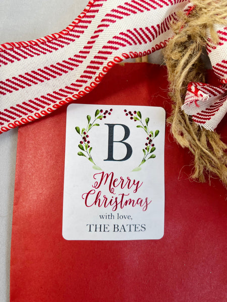 Christmas gift stickers with greenery and initial