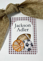 Sports balls gift tags with gingham frame