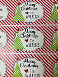 Personalized Christmas stickers red stripes with tree