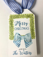 Personalized Christmas Square Boxwood Wreath Gift tags - choose your color bow